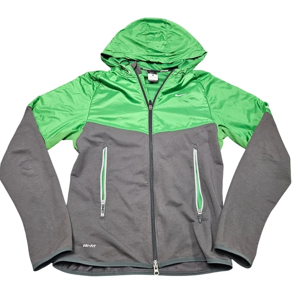 Nike Running Jacket Mens Small Green Gray Dri-FIT Hooded Full Zip Windbreaker